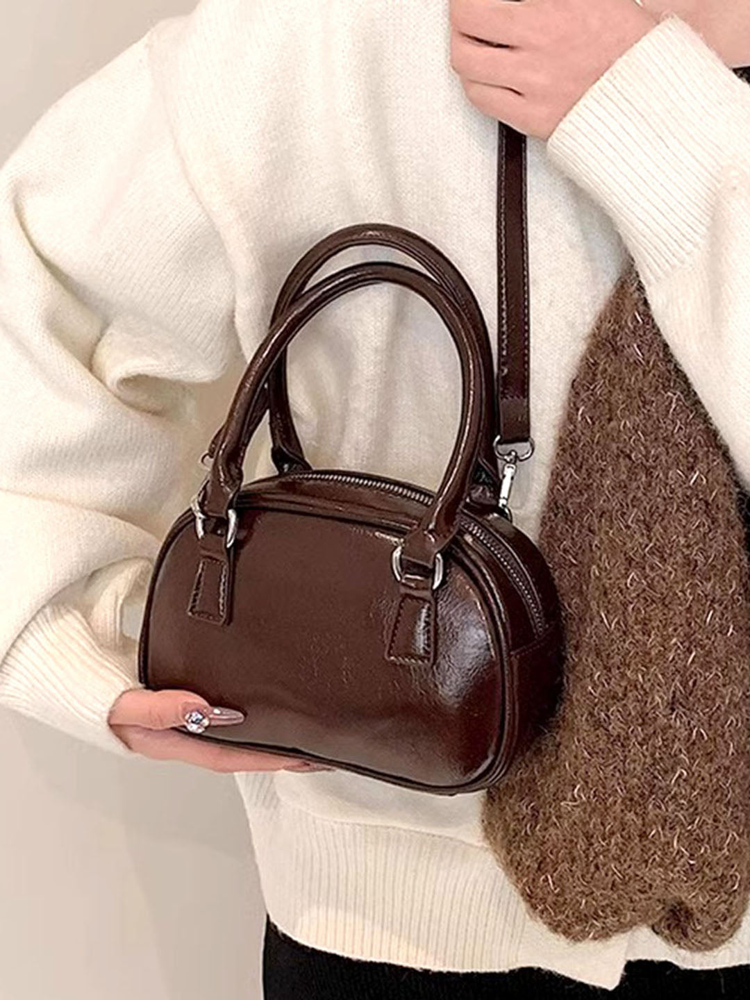 Women's Solid Structured Sling Bag-Brown