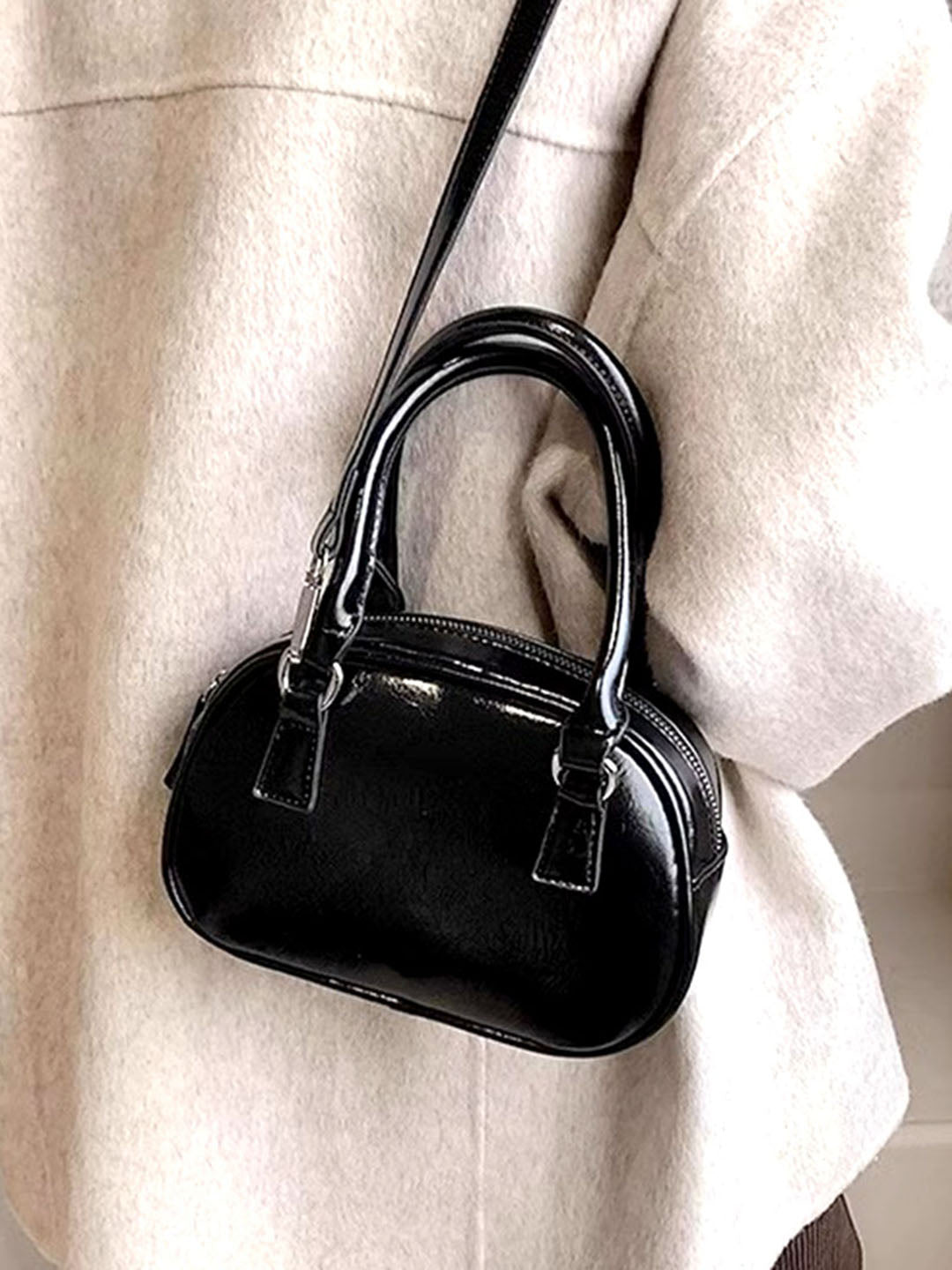 Women's Solid Structured Sling Bag-Black