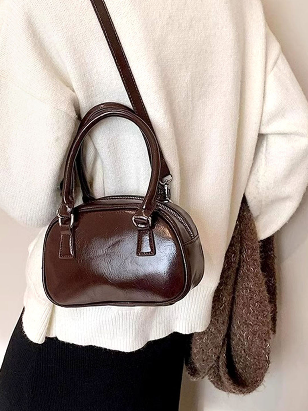 Women's Solid Structured Sling Bag-Brown