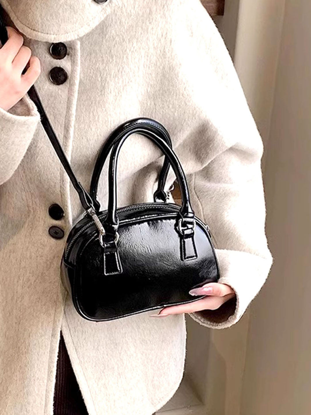 Women's Solid Structured Sling Bag-Black
