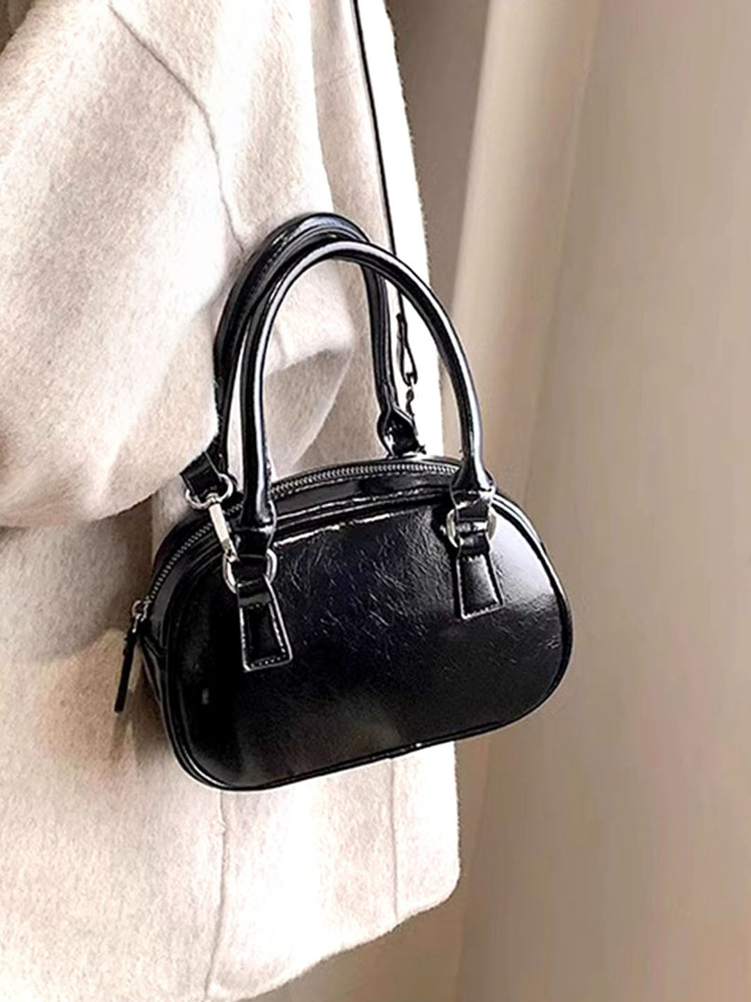 Women's Solid Structured Sling Bag-Black