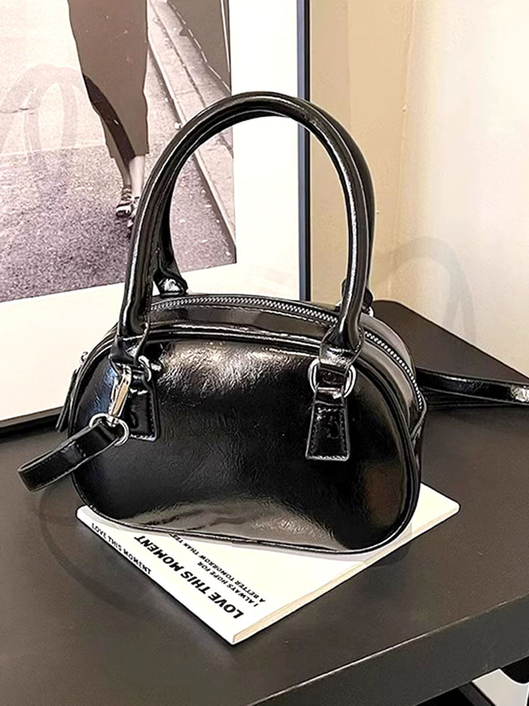 Women's Solid Structured Sling Bag-Black