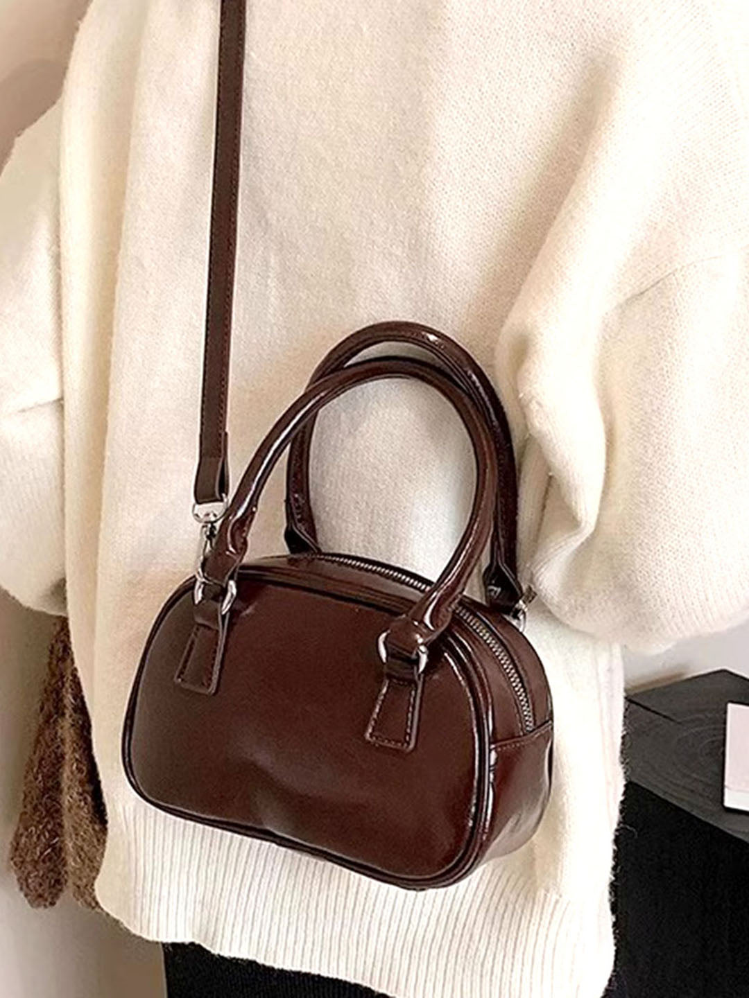 Women's Solid Structured Sling Bag-Brown