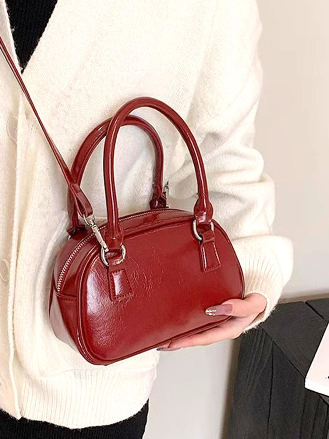 Women's Solid Structured Sling Bag-Red