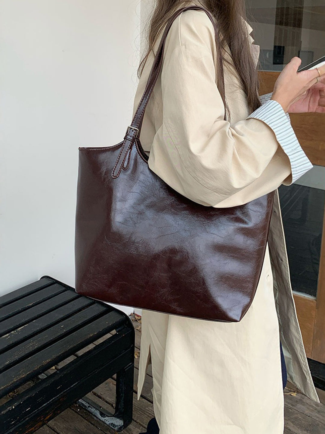 Evee Textured Dark Brown Tote